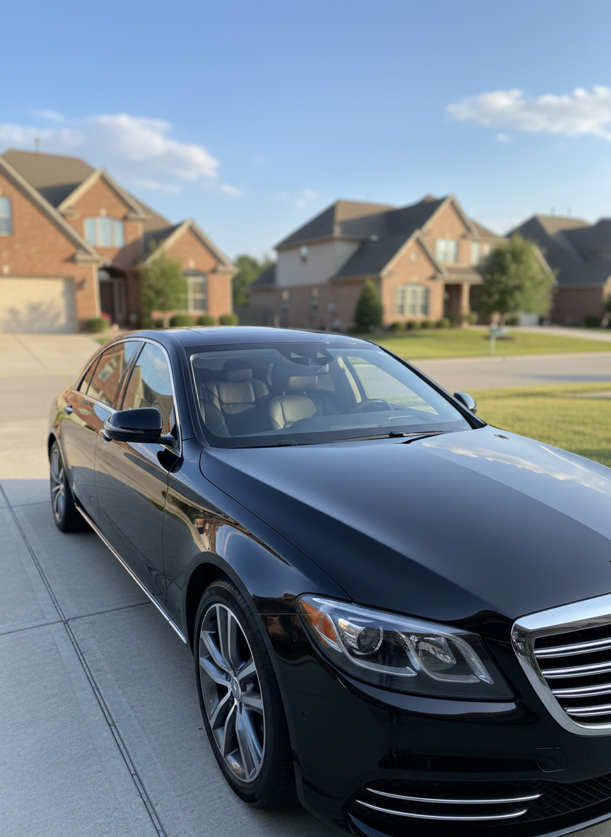 A sleek, freshly detailed luxury sedan with a deep black mirror-like finish, parked at a slight angle on a clean concrete driveway. Every contour of the paint reflects the surrounding suburban homes and blue sky with crisp clarity, showcasing flawless gloss and no swirl marks. Soft late-afternoon natural light highlights the edges of the body panels, creating elegant reflections along the hood and doors. The background is gently blurred to emphasize the car, with subtle bokeh from distant trees. Photographic realism, eye-level composition, and a clean, modern aesthetic convey professionalism, precision, and premium auto detailing quality.