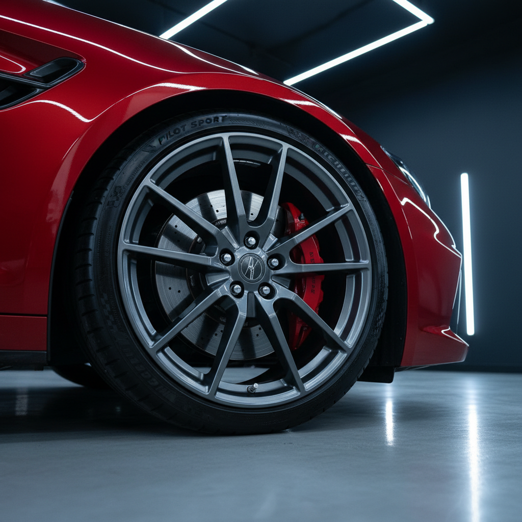 A dramatic, low-angle photograph of a sports car’s front wheel and fender after a full detail, focusing on the intricately cleaned alloy wheel, glossy caliper, and perfectly dressed tire. The tire sidewall has a rich, satin sheen with no streaks, and the wheel barrels are visibly spotless through the spokes. The fender’s paint is a deep candy red with mirror-like reflections of overhead shop lights. The car sits on a spotless, slightly reflective epoxy garage floor with faint reflections of the wheel. Cool-toned LED lighting from above and the side creates sharp highlights and defined shadows, conveying a high-end, performance-oriented detailing service in clean, photographic realism.