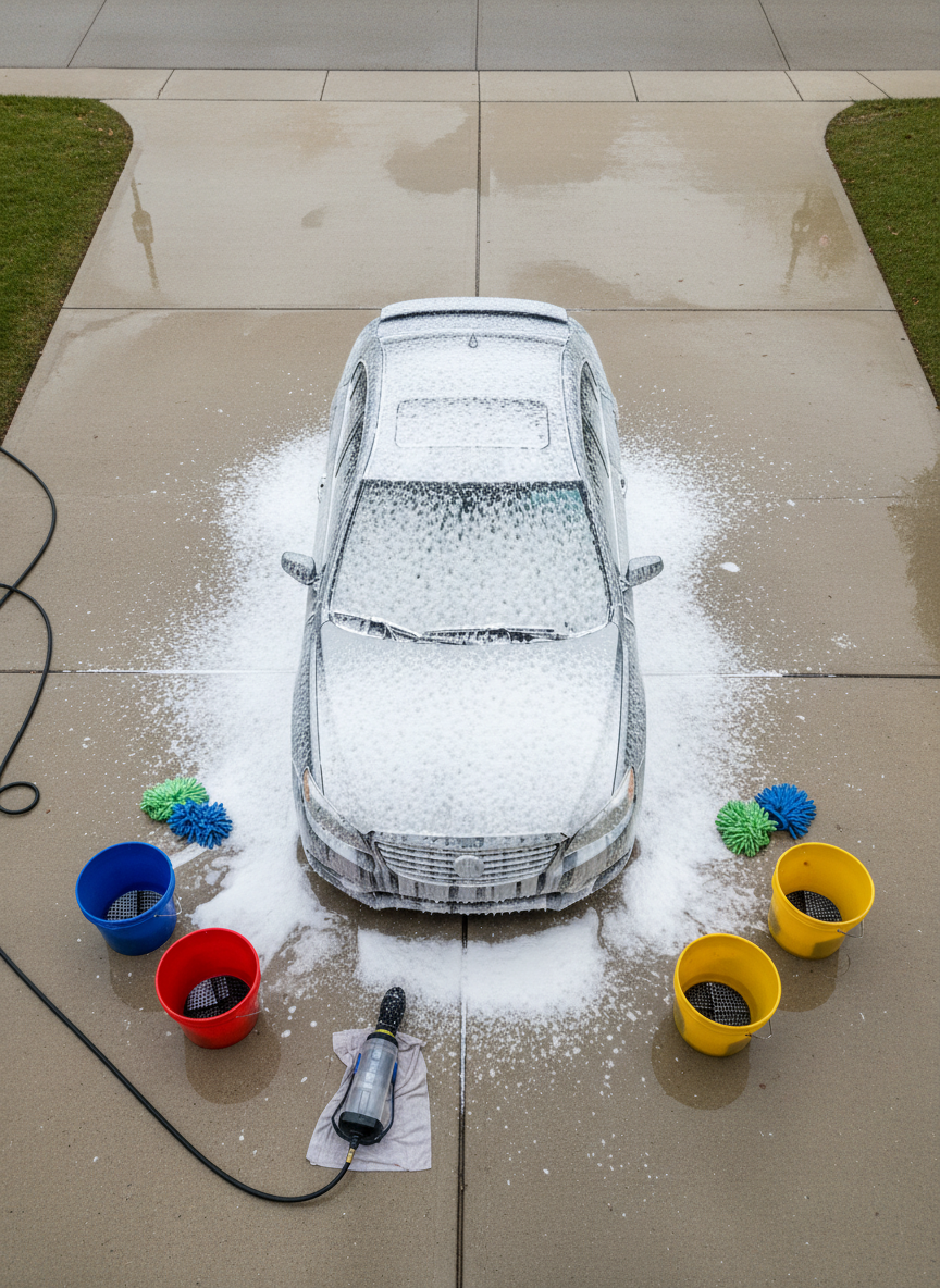 An overhead, bird’s-eye view of a mid-size sedan undergoing a multi-stage foam wash in a residential driveway. The car is blanketed in thick, uniform white foam, with subtle hints of the car’s metallic gray paint visible beneath. Around the vehicle, neatly placed detailing tools—microfiber wash mitts, color-coded buckets, a foam cannon resting on the ground—create a sense of organized workflow. The surrounding concrete is wet with reflective puddles, capturing distorted reflections of the car’s outline. Overcast daylight provides soft, even illumination with minimal harsh shadows. Photographic realism and a carefully balanced composition communicate a thorough, systematic and professional exterior cleaning process.