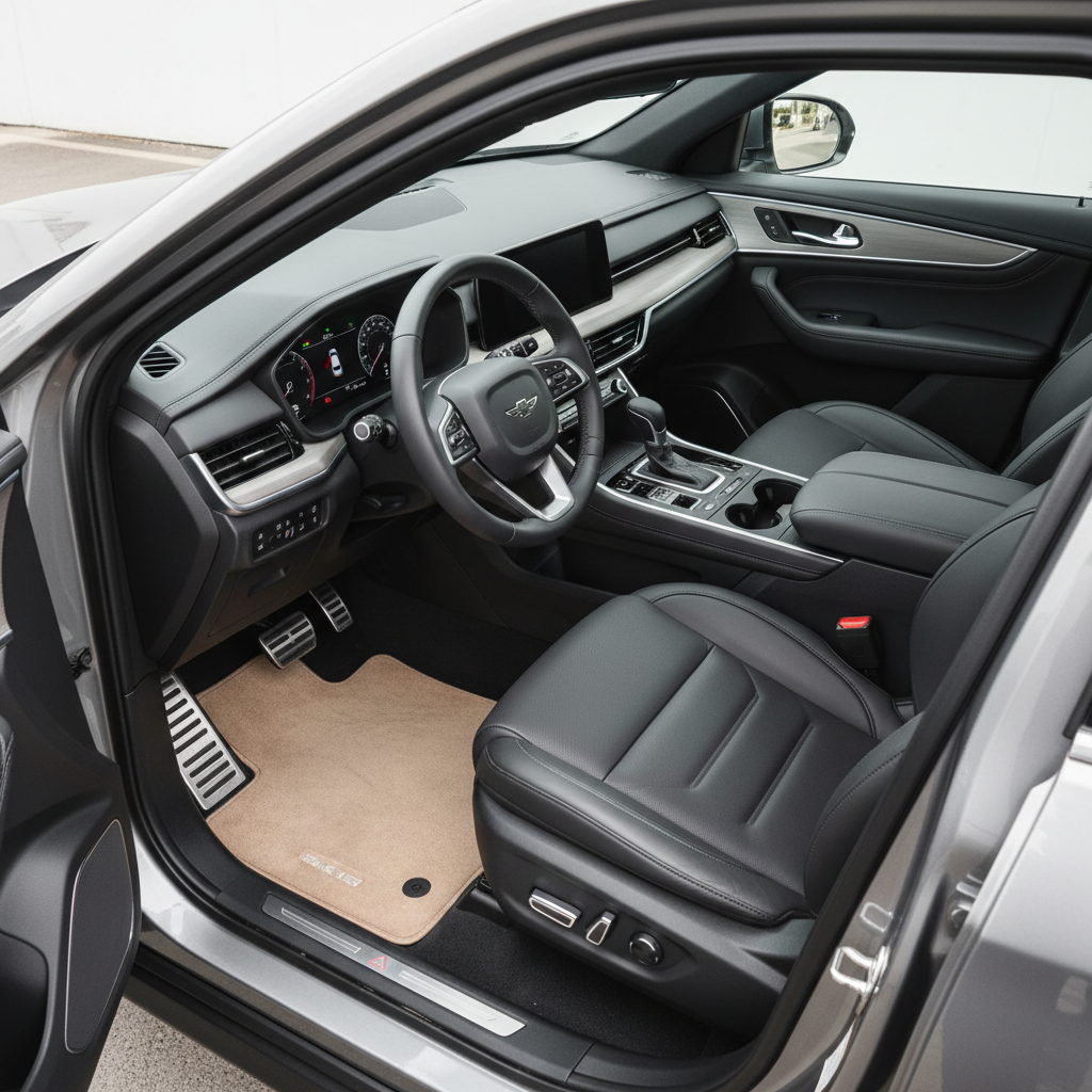 The meticulously detailed interior of a modern SUV, captured from the open driver’s side door. The leather seats are rich charcoal gray with tight, clean stitching, appearing supple and freshly conditioned. The dashboard, center console, and steering wheel are free of dust and smudges, with subtle satin finishes that avoid harsh glare. Soft natural daylight filters in through the windows, creating gentle highlights on the leather and brushed metal trim. In the background, a spotless, light-colored floor mat and perfectly aligned pedals reinforce the sense of cleanliness. Photographic realism, slightly elevated angle, and balanced composition create a professional, inviting atmosphere showcasing interior detailing excellence.
