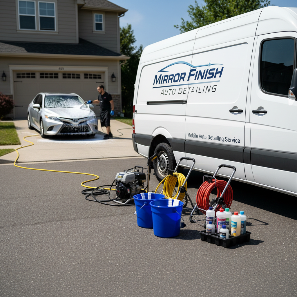 A white work van for a mobile auto detailing service, wrapped with a clean, modern “Mirror Finish Auto Detailing” logo and understated graphics, parked beside a neatly maintained residential driveway. In front of the van, a professional-grade pressure washer, buckets with grit guards, coiled hoses, and organized bottles of high-quality detailing chemicals are arranged with intentional order. The driveway leads to a mid-range sedan being cleaned in the background, slightly out of focus. Bright, clear midday sunlight illuminates the scene, casting crisp shadows and bringing out the vivid colors of the branding. Photographic realism with a wide-angle, slightly low perspective emphasizes convenience and on-site professional service.