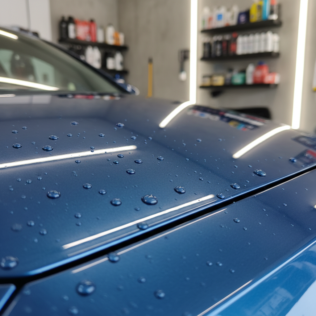 A close-up, highly detailed macro shot of a car’s metallic blue door panel after professional polishing, showing an ultra-glossy, swirl-free finish. Tiny water beads sit perfectly on the surface, each bead reflecting a miniature version of the sky and nearby environment. The backdrop includes a softly blurred garage interior with neatly organized detailing products and tools on shelving. Overhead diffused LED lighting creates crisp, linear reflections on the paint, emphasizing the depth and clarity of the finish. The mood is technical and precise, with photographic realism and a shallow depth of field that focuses the viewer’s eye entirely on the perfection of the paint and water beading.